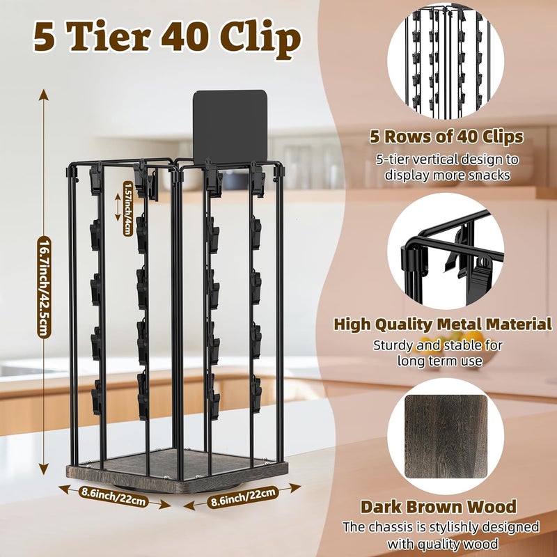 OFUSUY Chip Rack Display Stand, 5 Tiers 40 Clips Display Stand Easy Installation, 360°Rotating Wooden Base Chip Bag Holder for Concession Stand, Snack Organizer for Christmas Party, Retail(Dark Brown) - Image 3